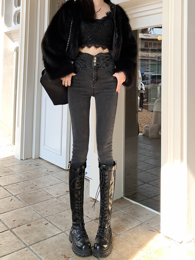 ULTRA HIGH WAIST JEANS WOMENS TROUSERS SPRING 2024 NEW SLIM SLIM PENCIL SMOKE GREY SKINNY PANTS