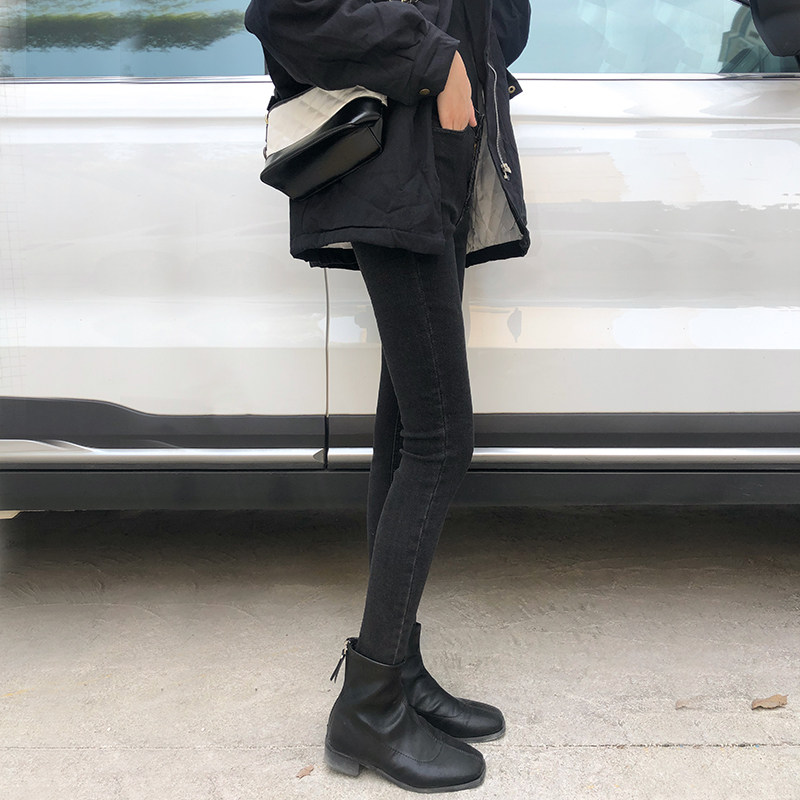 BLACK AND GRAY FLEECE JEANS WOMENS HIGH-WAISTED AUTUMN AND WINTER WEAR BRUSHED WOOL THIN FLEECE THIN VELVET CROPPED TIGHT TROUSERS