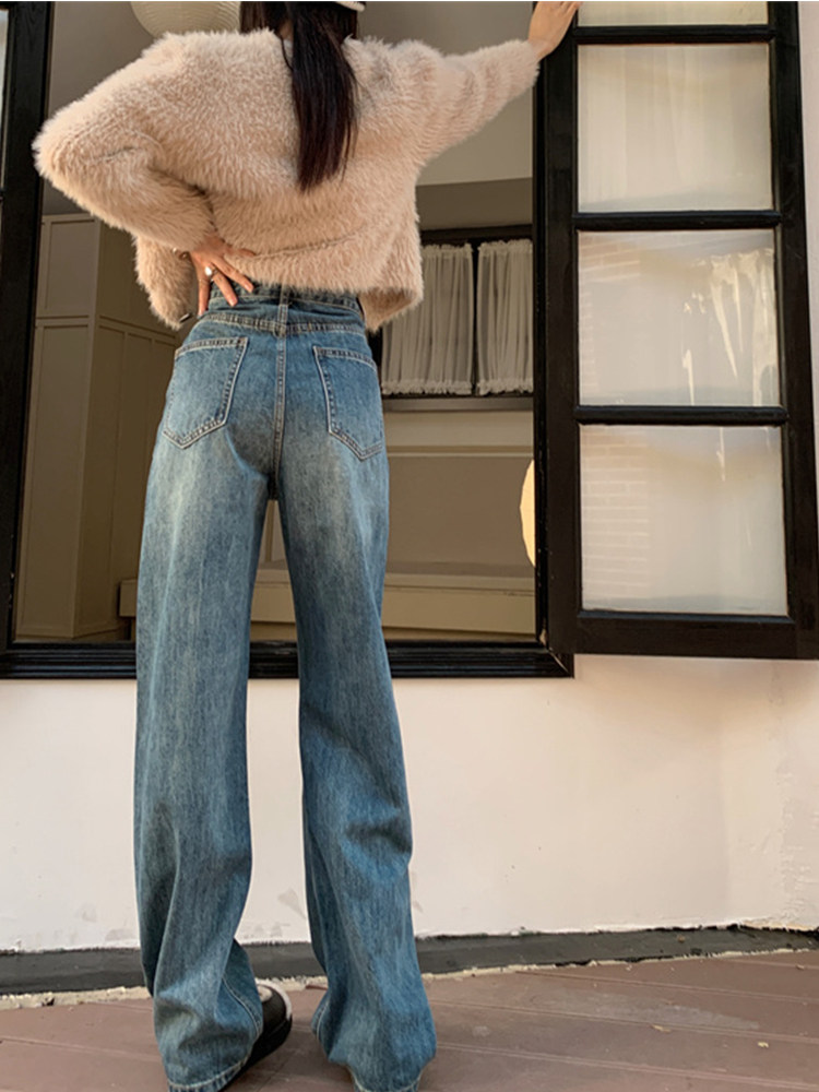 VINTAGE BLUE WIDE-LEG JEANS WOMENS SPRING 2023 NEW HIGH-WAISTED PEAR-SHAPED BODY COVERING THE HIPS STRAIGHT LEG LOOSE MOPPING FLOOR