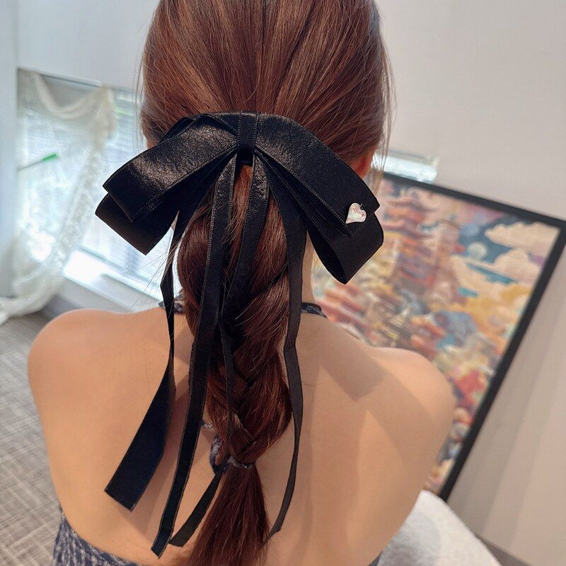 韩系光泽感蝴蝶结飘带发夹女马尾