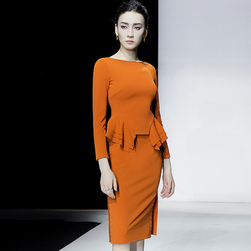 荷叶边长袖上衣铆钉开叉裙女套装