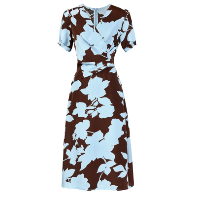 轻薄桑花绉印花V领收腰a字连衣裙