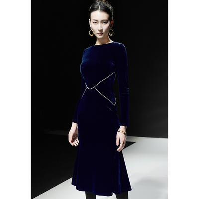 复古鱼尾裙丝绒纯色修身连衣裙