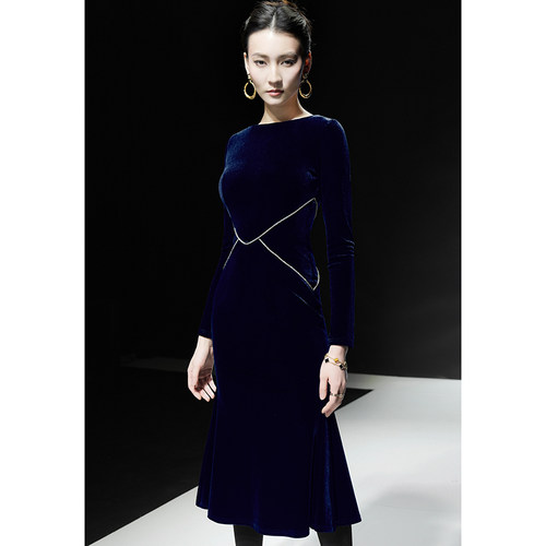 复古鱼尾裙丝绒纯色修身连衣裙