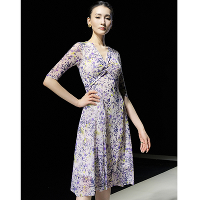 烫钻印花氨纶网优雅大摆连衣裙