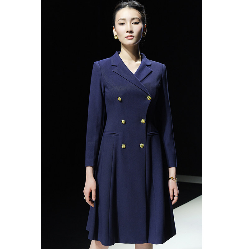 通勤大摆亮丝双排扣长袖西装裙女
