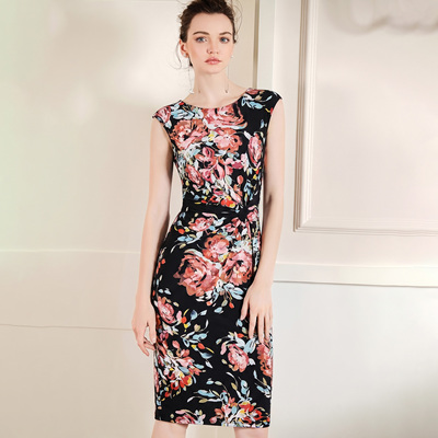 修身包臀水晶麻不对称连衣裙