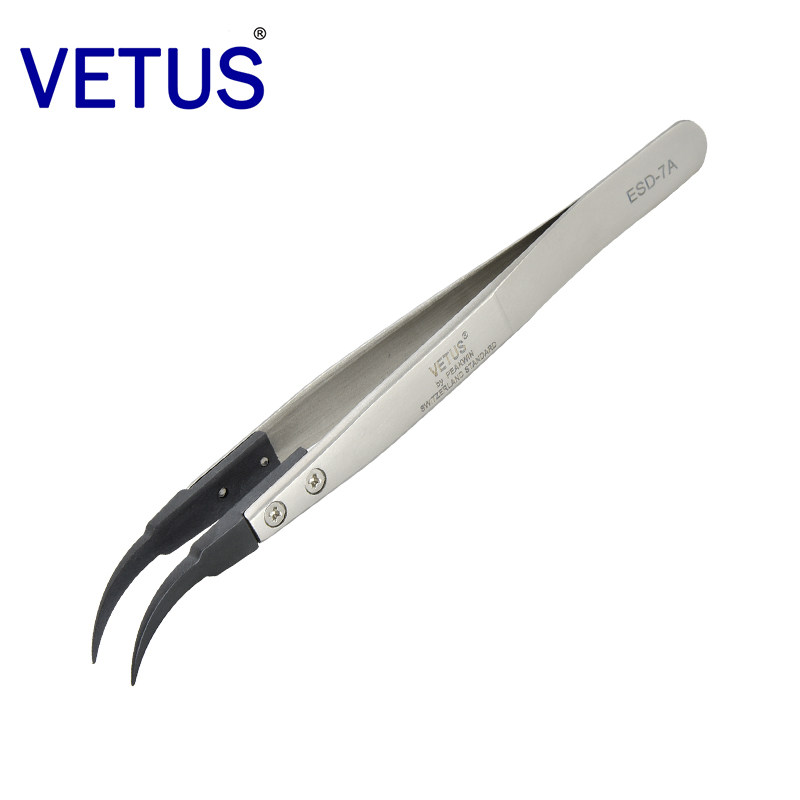 VETUS 可换头ESD防静电镊子ESD-7A 不锈钢无磁防酸碳纤维镊头 钟