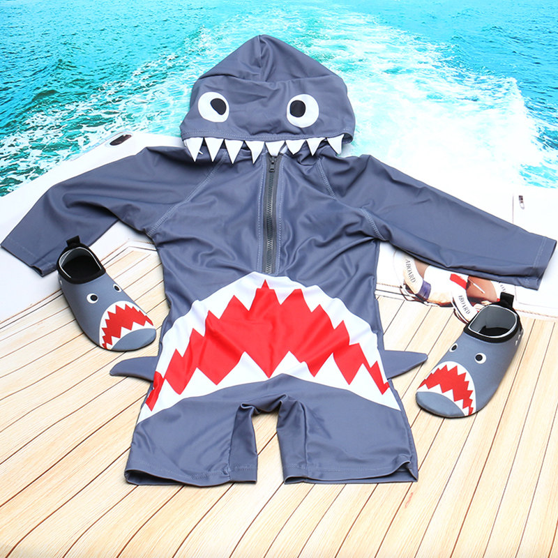 儿童泳衣男童宝宝连体衣防嗮速干泳衣泡温泉套装小童中童游泳装备