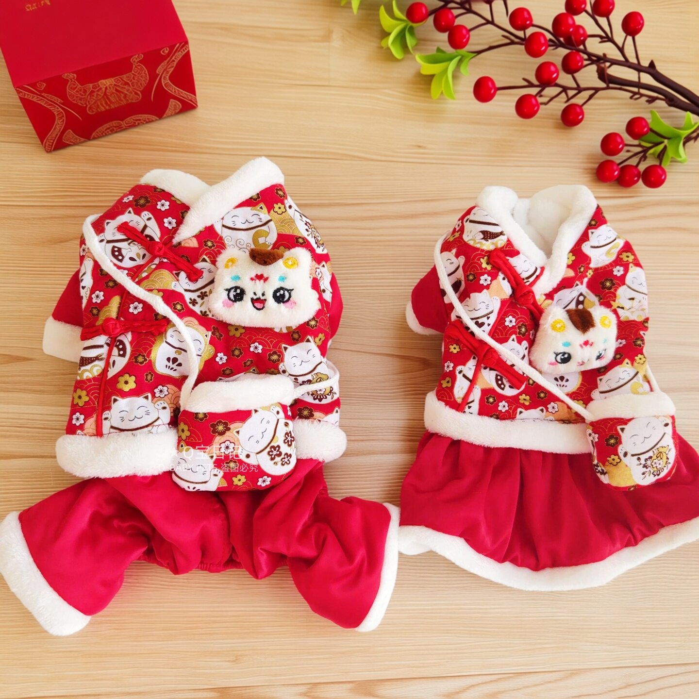 宠物小型犬泰迪狗狗衣服秋冬装四脚衣红色唐装过年喜庆春节