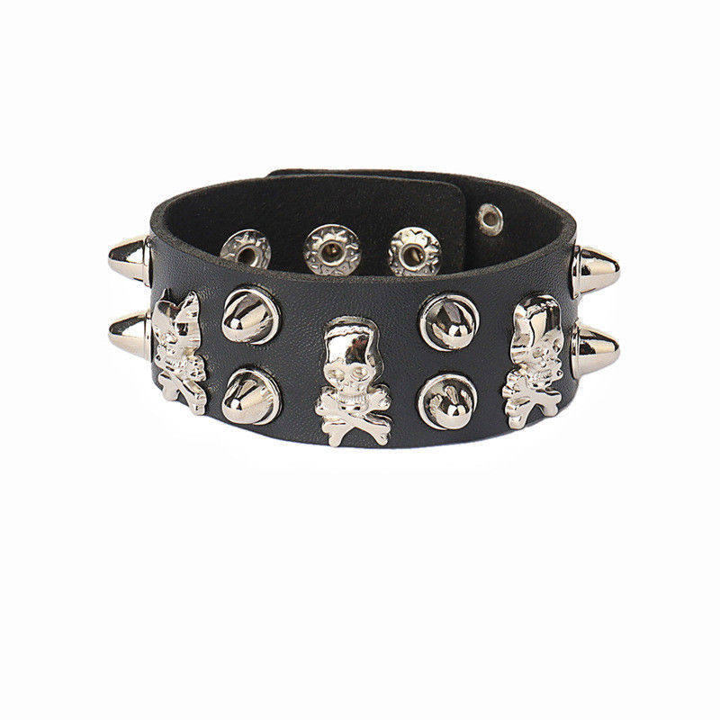 thumbnail for Fashion Punk Gothic Skull Studded Dark Retro Couple Leather Pu Bracelet Couple Bracelet Bangle