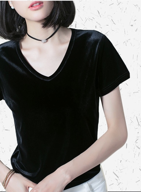 大码黑色金丝绒短袖T恤女V领2022夏季新款胖mm宽松内搭半袖上衣春