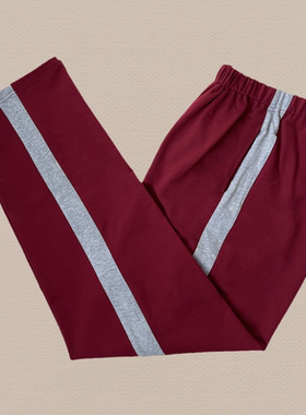 酒红色一条杠灰宽条中学生校裤冬季加绒直筒小学生直筒校服裤子