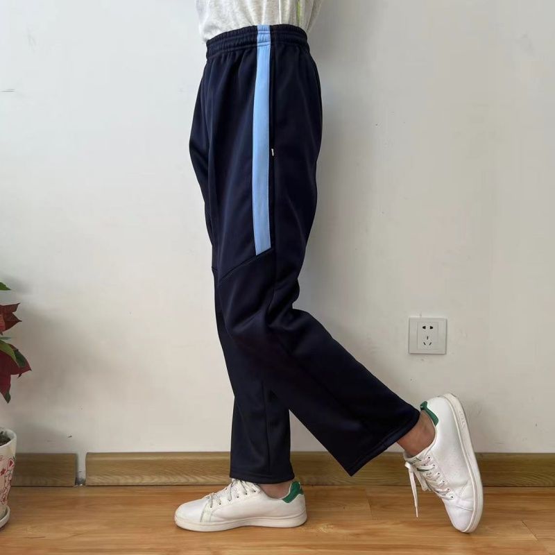 校服裤子中小学生藏蓝色拼浅蓝条半截条全棉宽松直筒运动校裤定制
