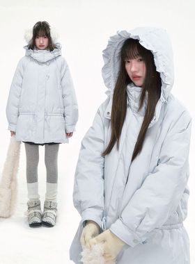 【雾蓝絮语】冬季新款蓝色抽绳保暖棉服慵懒风甜美小个子棉衣外套