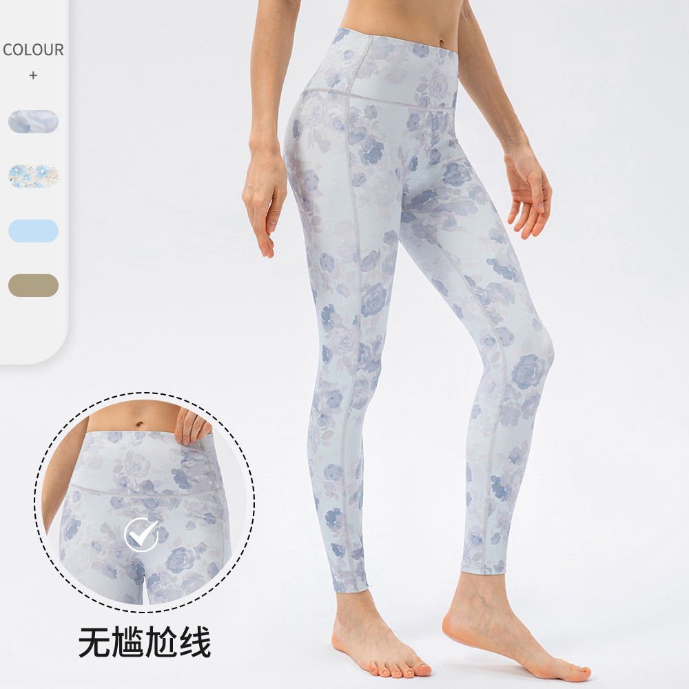裸感无尴尬线瑜伽裤女加宽高腰蜜桃臀运动紧身裤中国风印花健身裤