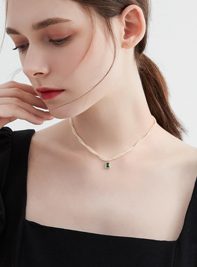 MCK祖母绿色仿珍珠双层叠戴项链