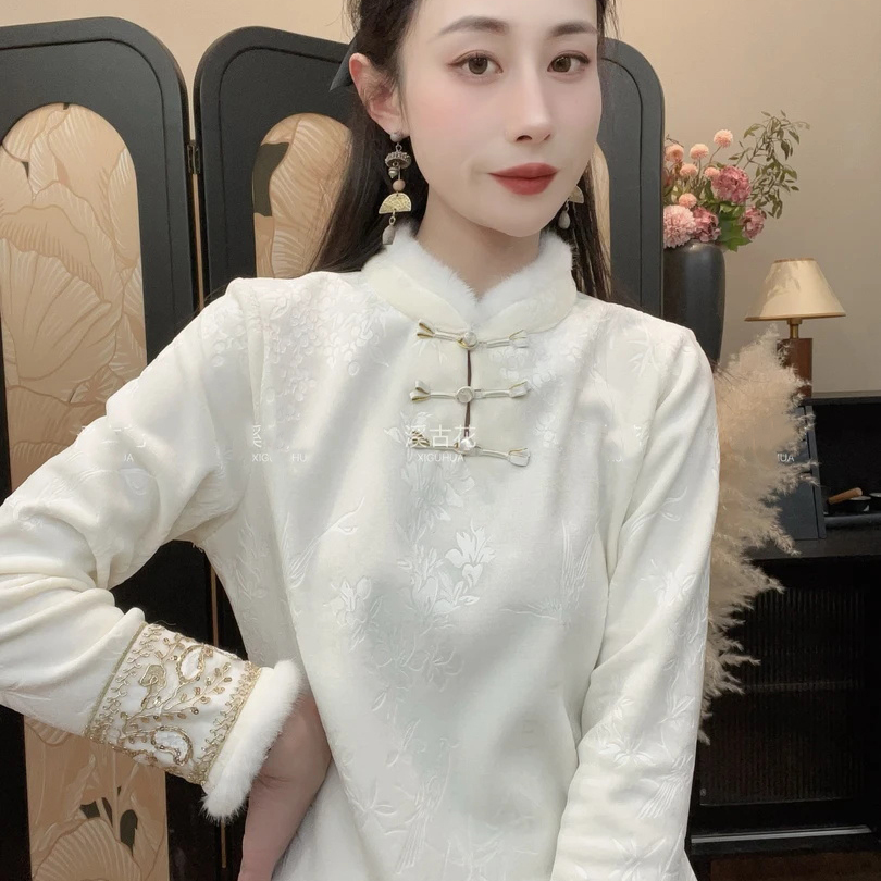 新中式提花加绒加厚打底衫女H秋冬新款妈妈气质减龄显瘦长袖上衣