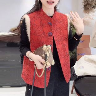 2025冬季新中式拜年服棉马甲女国风复古红色百搭休闲加厚保暖背心