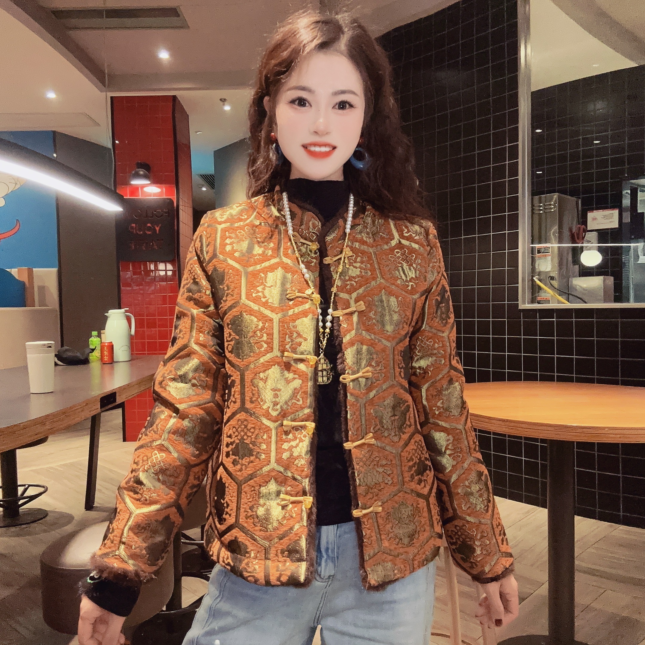 新中式国风气质百搭复古双面穿盘扣加绒加厚毛毛外套女装棉服上衣