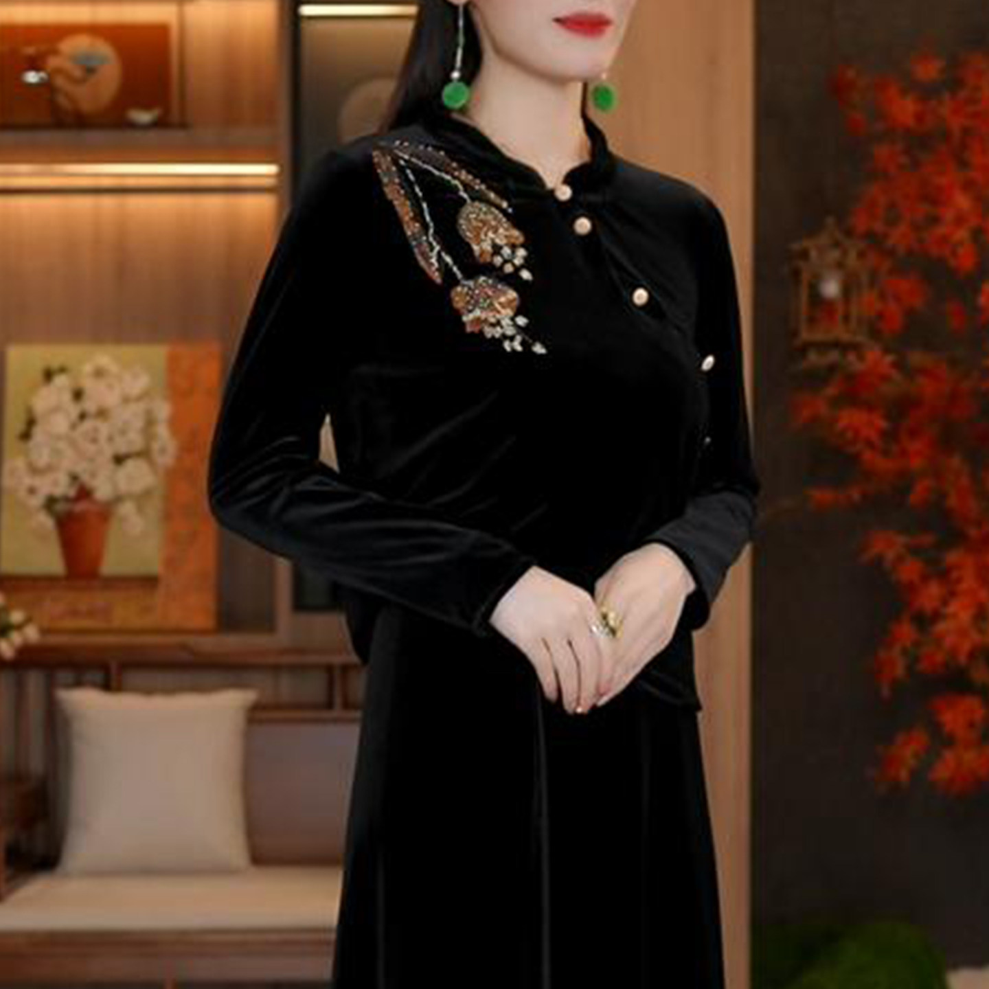 新中式绣花打底衫气质妈妈装复古百搭国风立领长袖衬衫女上衣显瘦