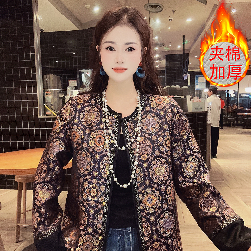 高级感新中式夹棉外套女装圆领提花冬季改良国风加厚保暖棉服上衣