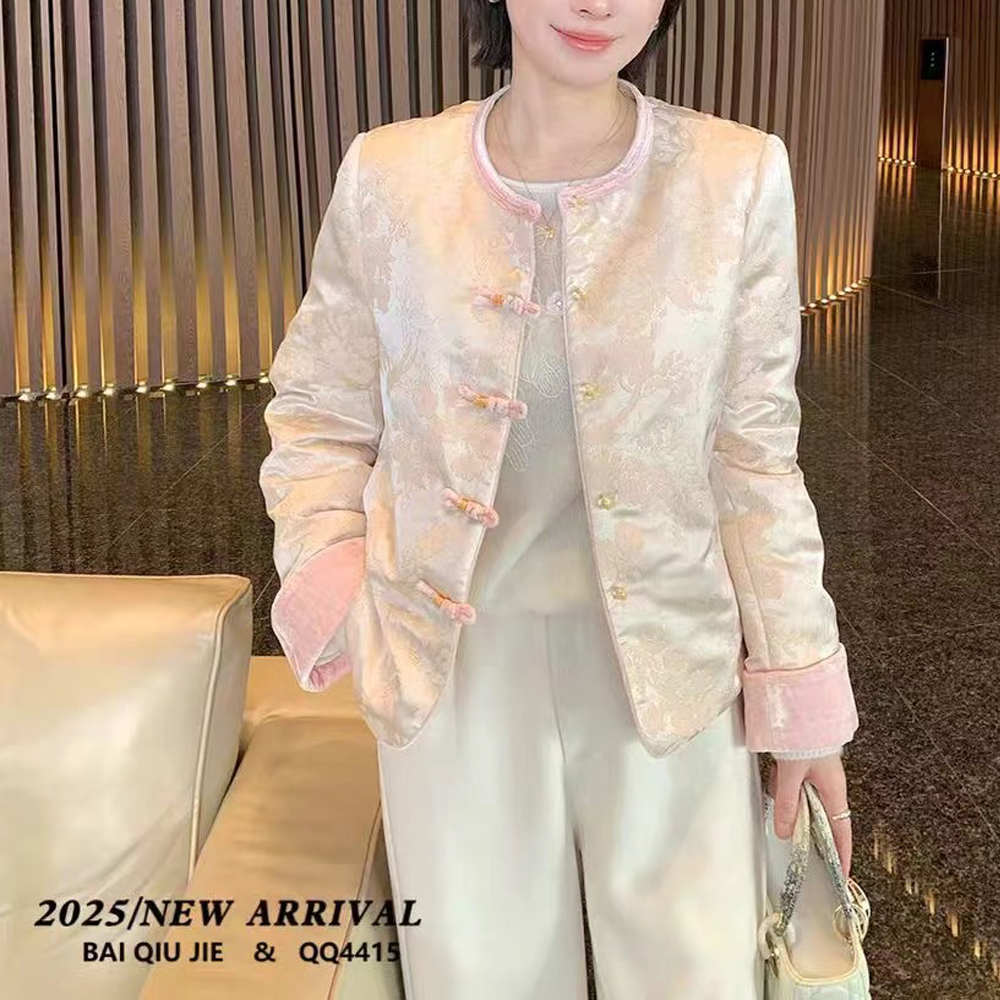 秋冬新款加厚保暖圆领棉衣外套女新中式国风圆领提花百搭棉服上衣