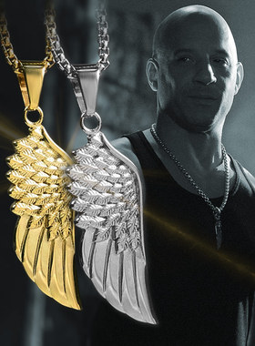 美式饰品天使翅膀幸运羽毛吊坠项链男钛钢潮流毛衣链机车个性配饰