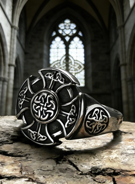 哈姆雷特男士不锈钢凯尔特knot十字架戒指复古金属指环高级感饰品