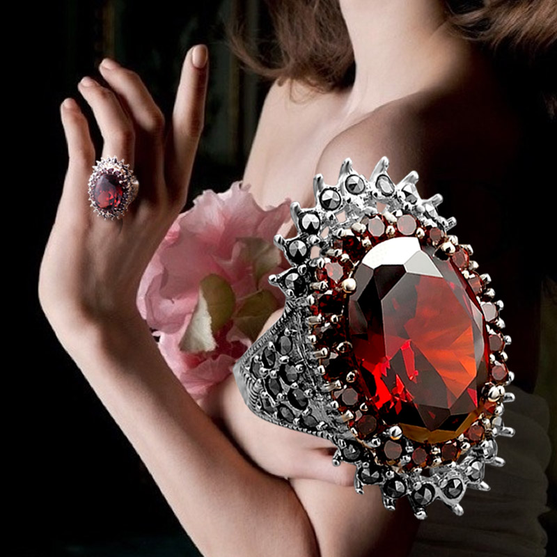 欧美轻奢红宝石女士纯银戒指复古个性指环高级感首饰小众设计饰品