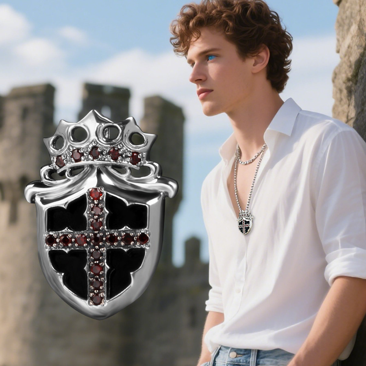 王者之盾纯银饰品英伦皇冠十字架盾牌吊坠轻奢项链男款高级感配饰