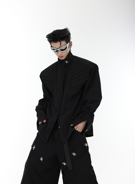 HLPT 夏季小众解构分割立领垫肩白衬衫宽松廓开衫金属设计感衫衣