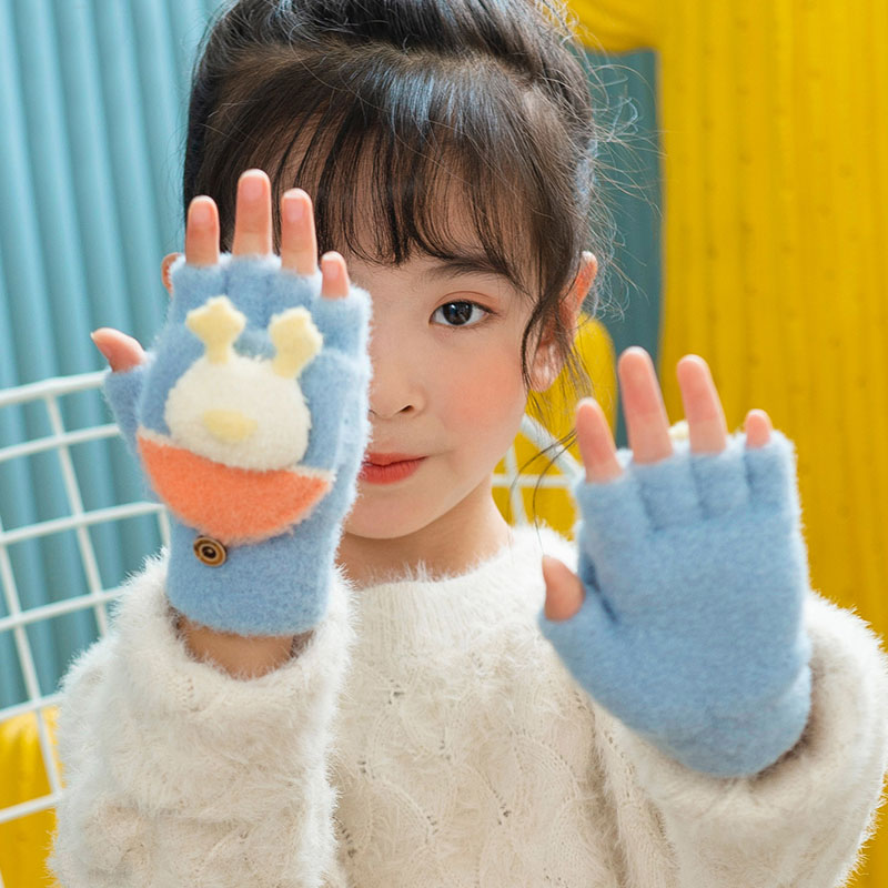 3937冬天季男女儿童薄款小孩4-6岁翻盖露指半截半指宝宝手套可爱