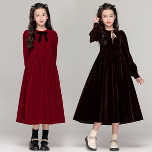 女童学院风丝绒连衣裙秋冬女孩甜美红色长款公主裙中大童加绒长裙