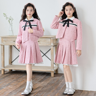 女童小香风百褶裙套装秋冬女孩加厚外套JK两件套中大童粉色连衣裙