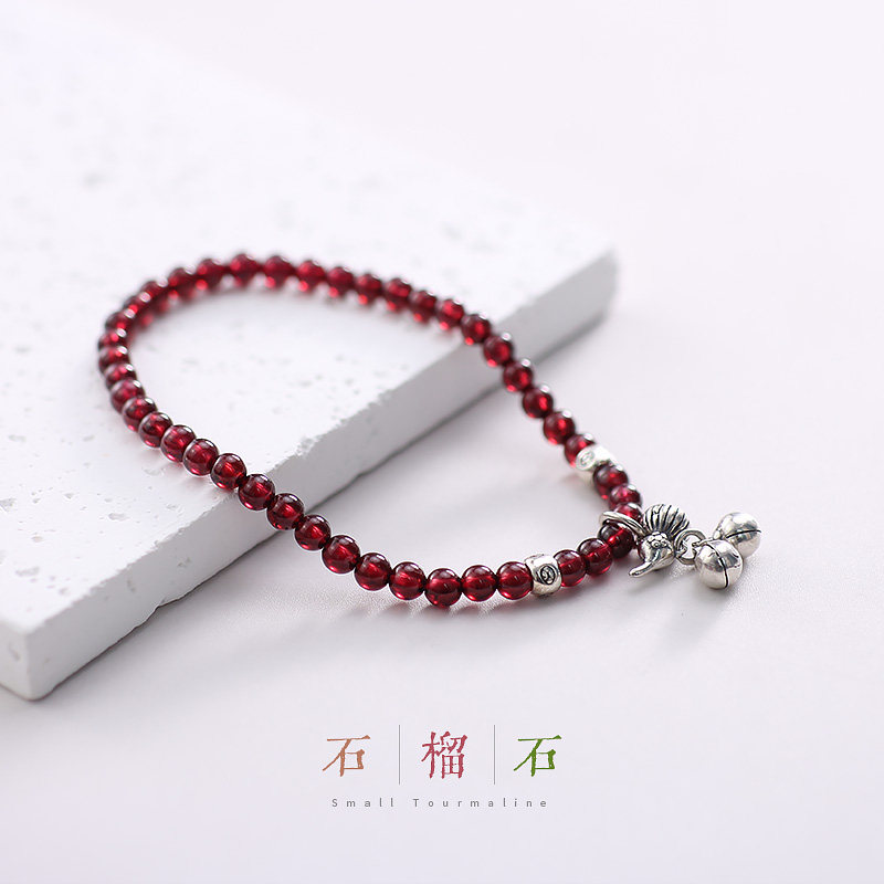 天然石榴石925银小铃铛手链图片