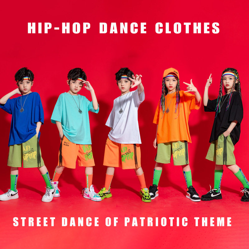 定制儿童落肩短袖T恤小学生艺术培训班街舞服溜肩T恤男女童hiphop