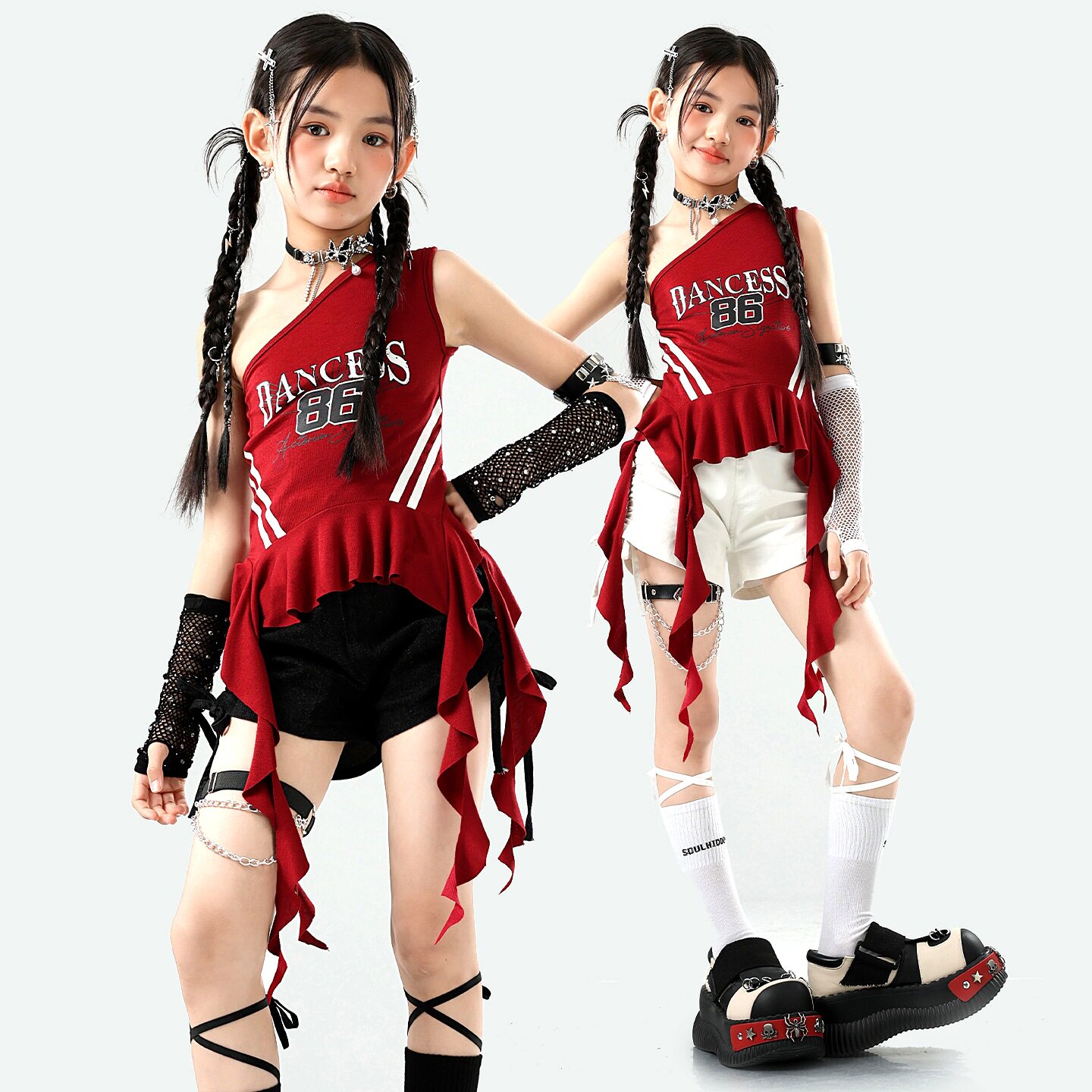 六一女童红色jazz爵士舞演出服夏季女孩街舞表演潮装走秀女团辣妹
