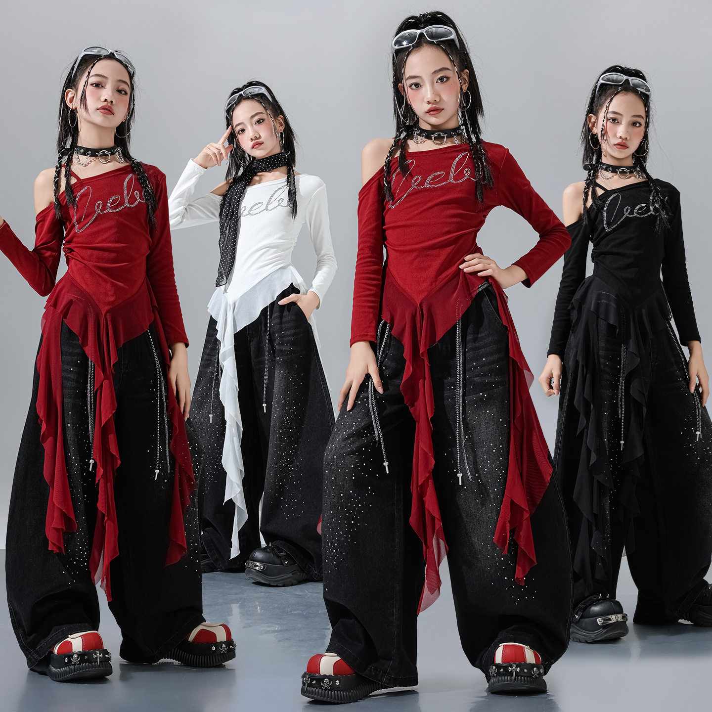 女童爵士舞服装少儿街舞演出服韩版飘带上衣女孩走秀服牛仔裤套装