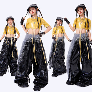 爵士舞演出服时髦儿童jazz舞台走秀服装酷炫女童露脐舞蹈表演服夏