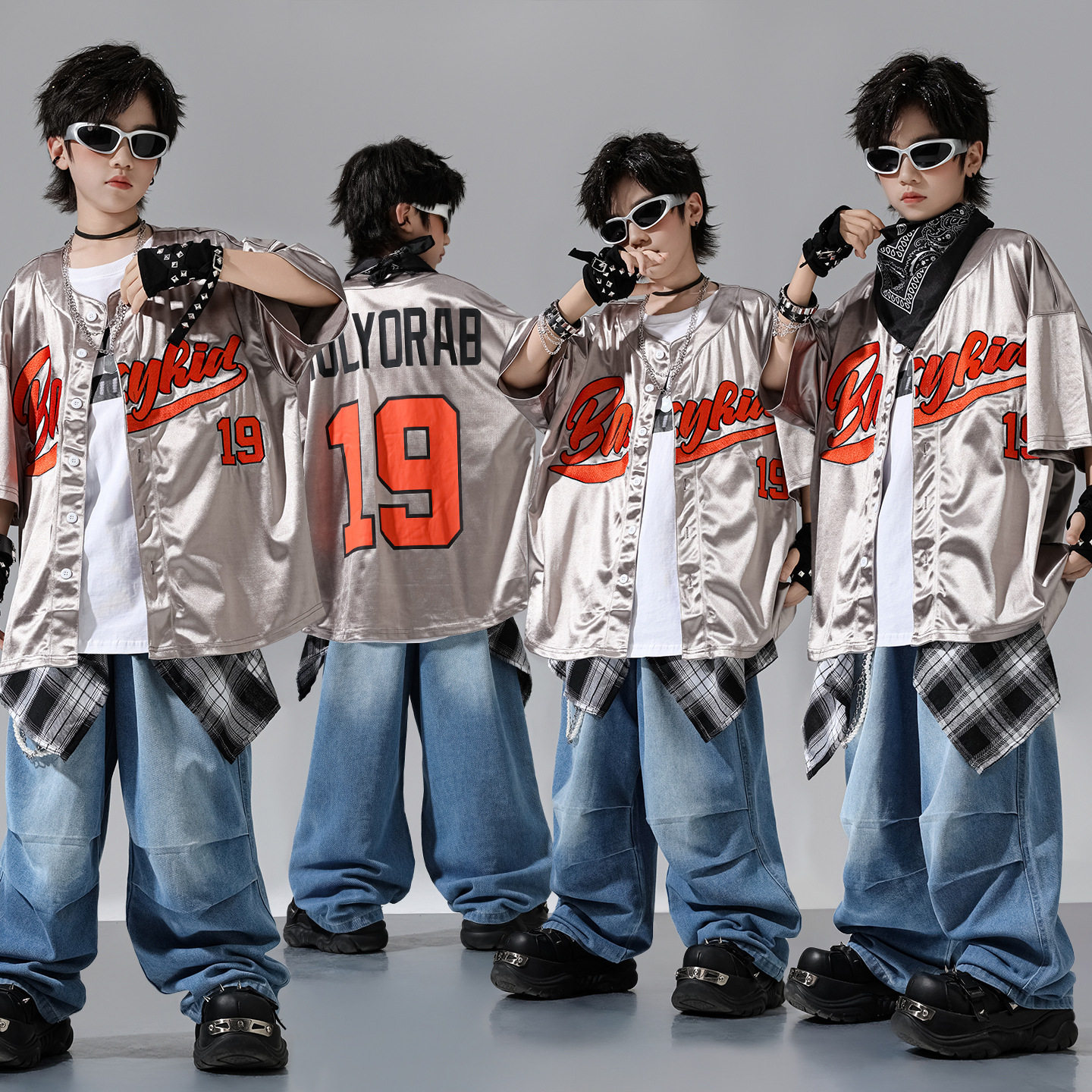 儿童街舞演出服hiphop嘻哈男童美式棒球服宽松衬衫套装女童表演