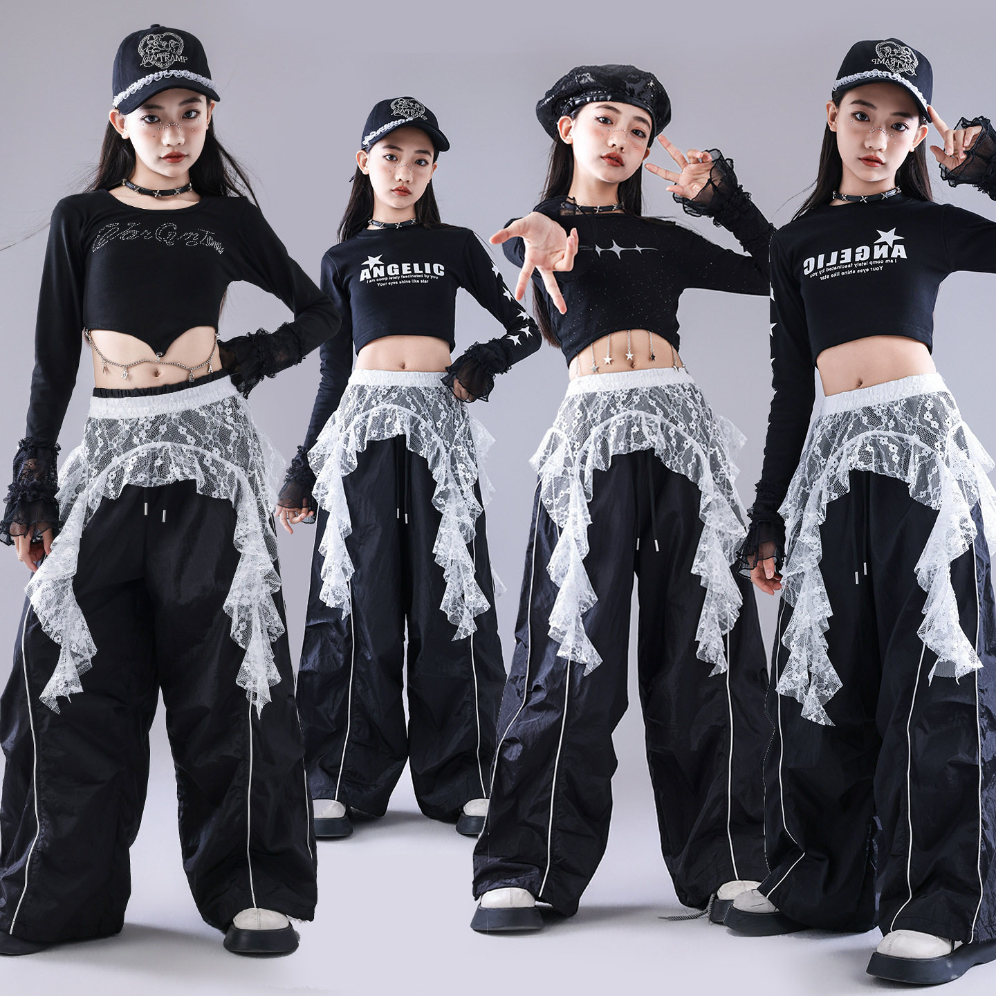 爵士舞女童服装潮酷时髦儿童露脐走秀潮服个性黑色少儿爵士演出服