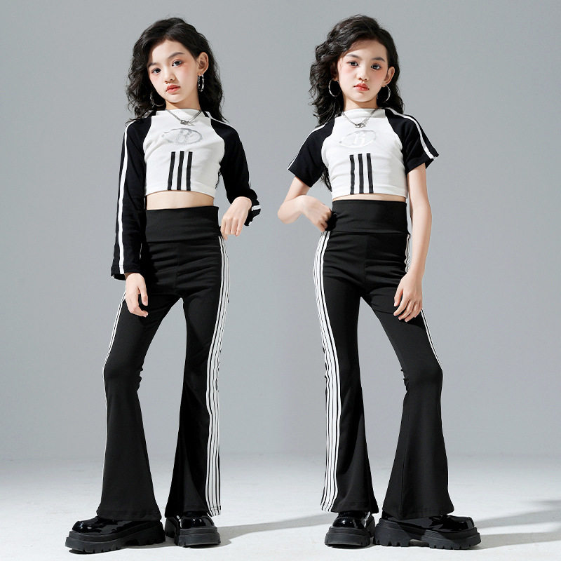 女童露脐jazz爵士舞演出潮装女孩形体练功服模特走秀喇叭裤瑜伽