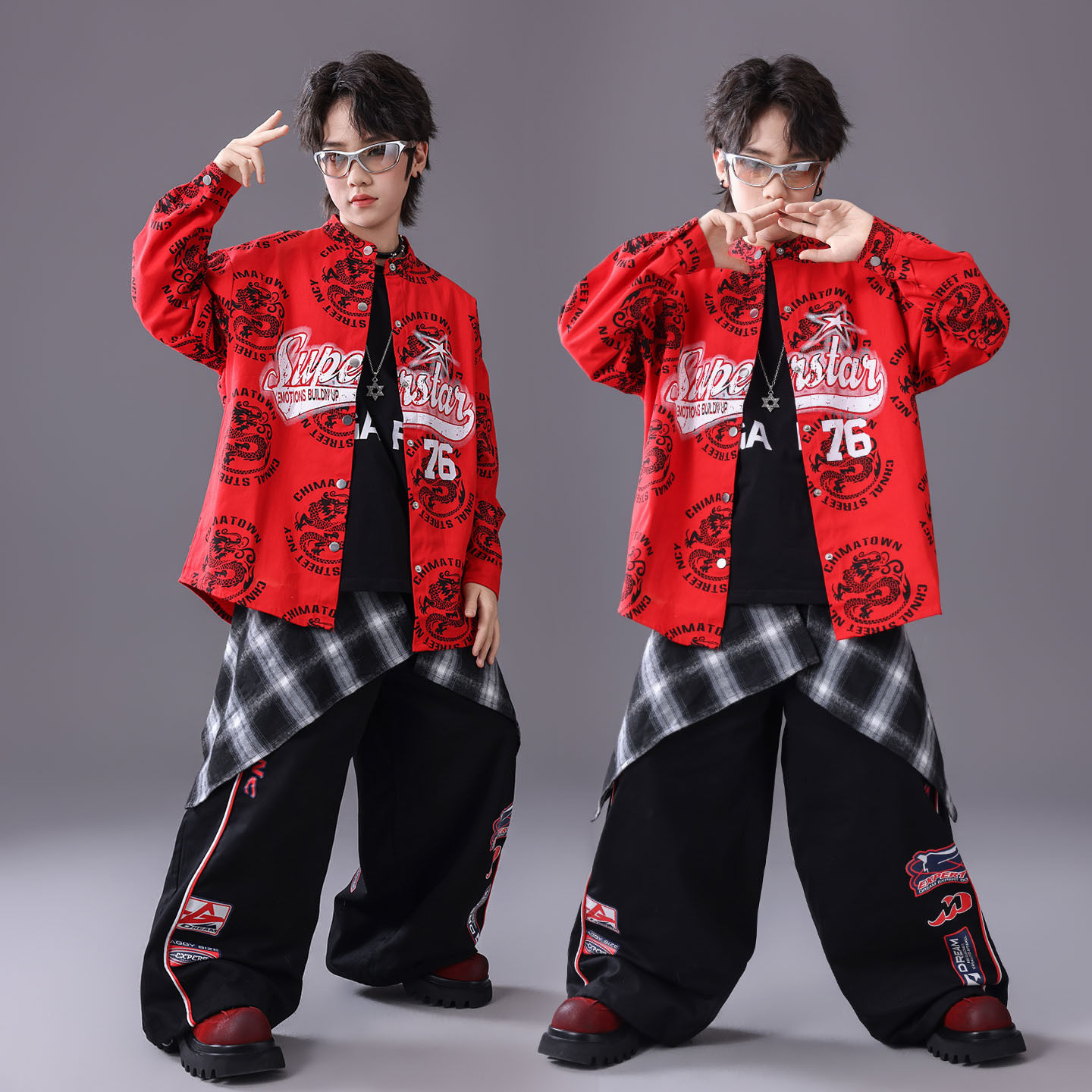 春晚儿童街舞演出服龙纹套装少儿服装hiphop童装男童架子鼓潮服酷