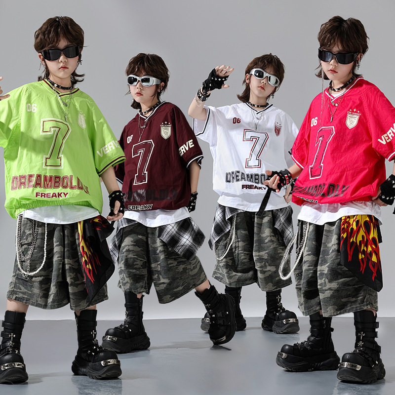 儿童街舞演出服少儿hiphop演出服男童潮牌机车服套装爵士走秀