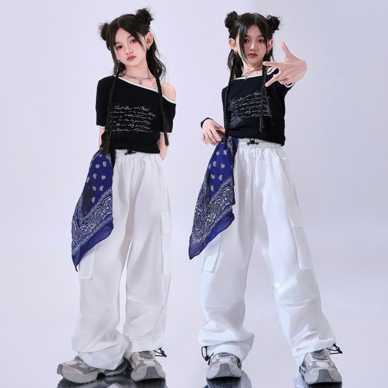 女童爵士舞街舞服装黑色短袖舞蹈服儿童走秀潮服少儿六一演出服