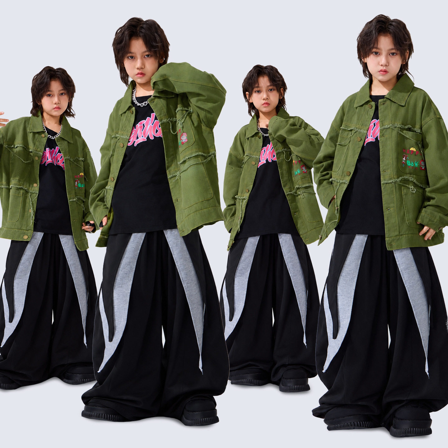 街舞儿童潮服嘻哈少儿hiphop绿色牛仔表演服儿童舞蹈走秀表演套装