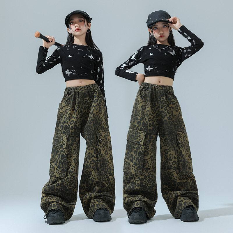 女童街舞演出服潮服套装hiphop个性豹纹工装裤架子鼓爵士舞表演服