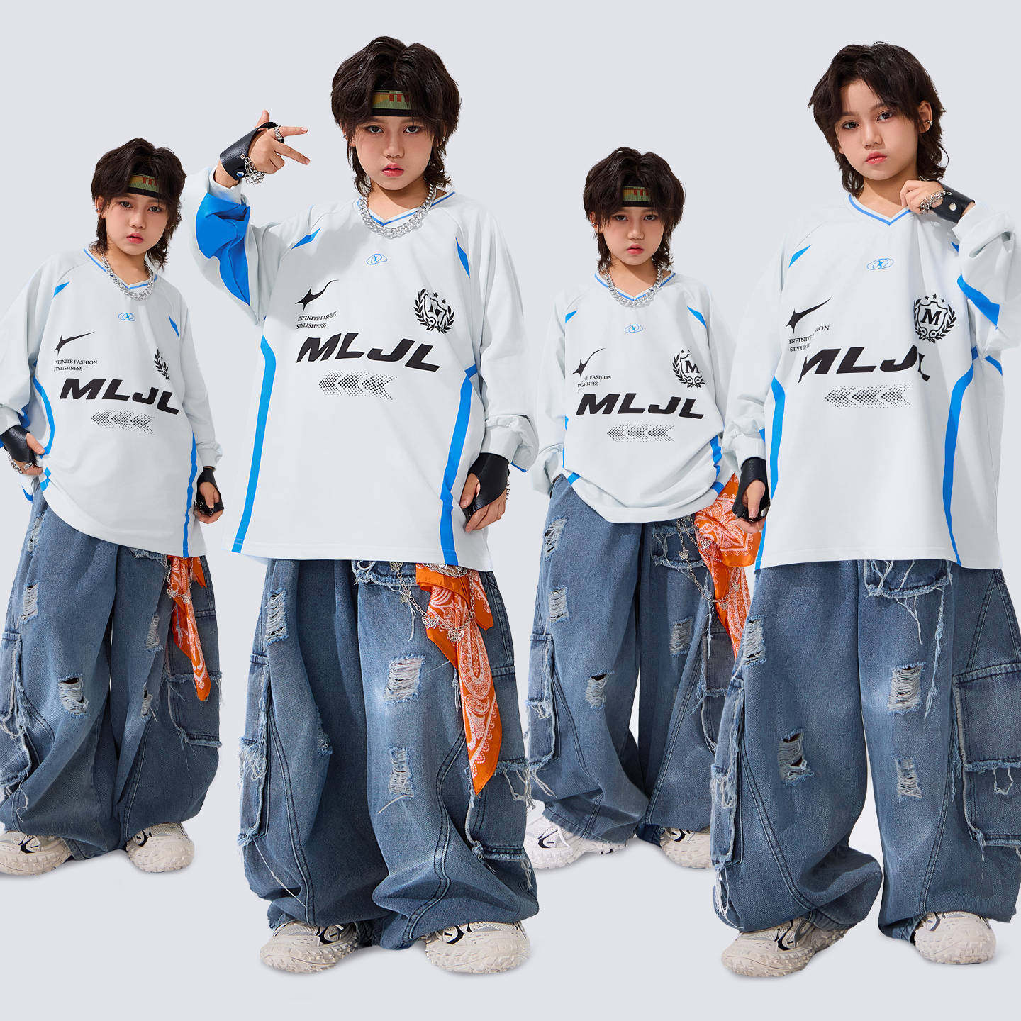 街舞儿童潮服男童hiphop表演服女童嘻哈套装白色少儿街舞演出服装