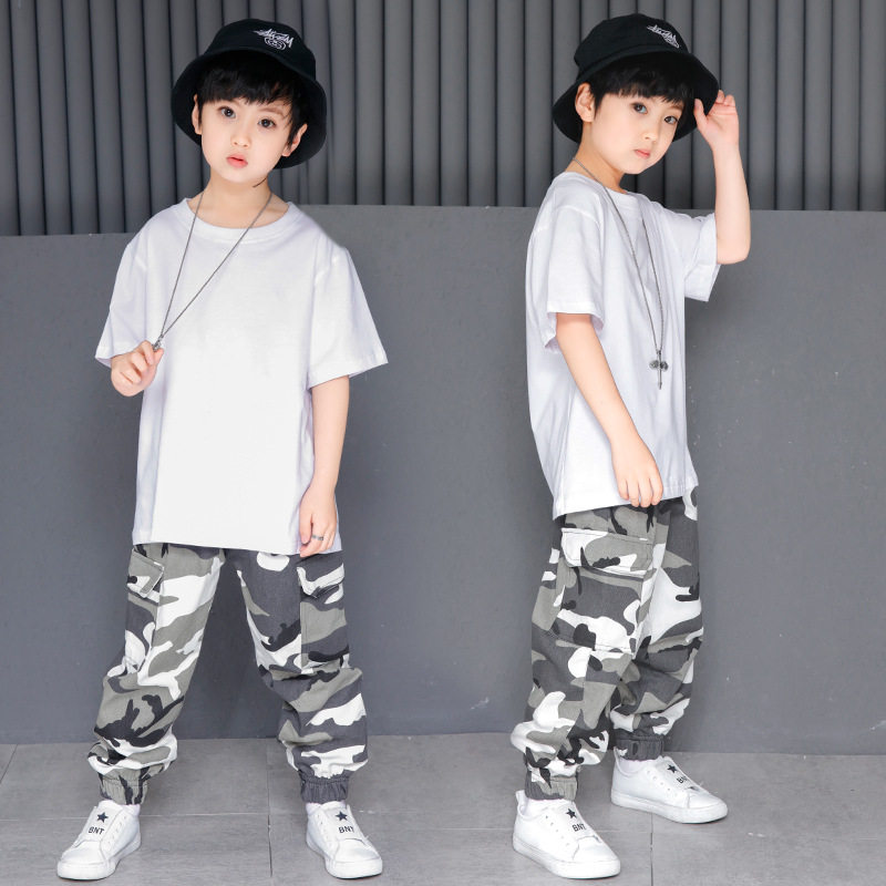 街舞宝宝男女童街舞潮流宽松纯白T迷彩裤子少儿hiphop嘻哈服装